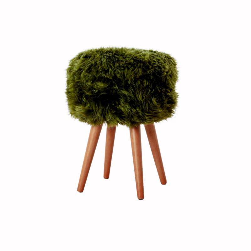 Ashpinoke - Olive Green Sheepskin Wood Stool - Woodstain