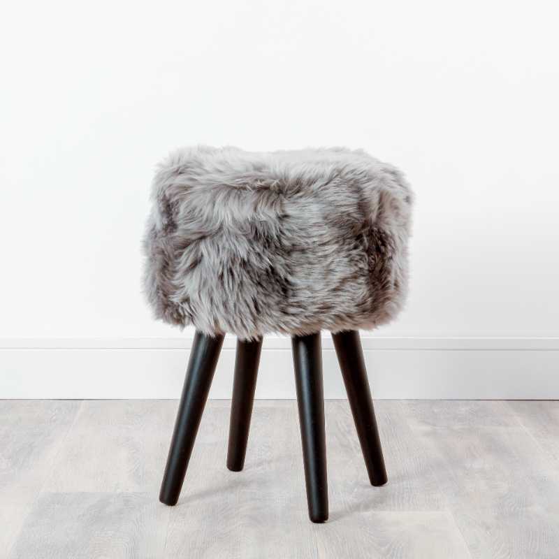 Ashpinoke - Grey Sheepskin Wood Stool - Black