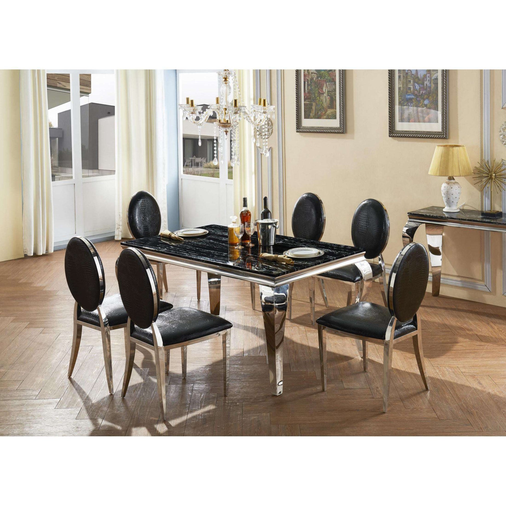 Ashpinoke:Arriana Marble Dining Table with Stainless Steel Base,Dining Tables,Heartlands Furniture