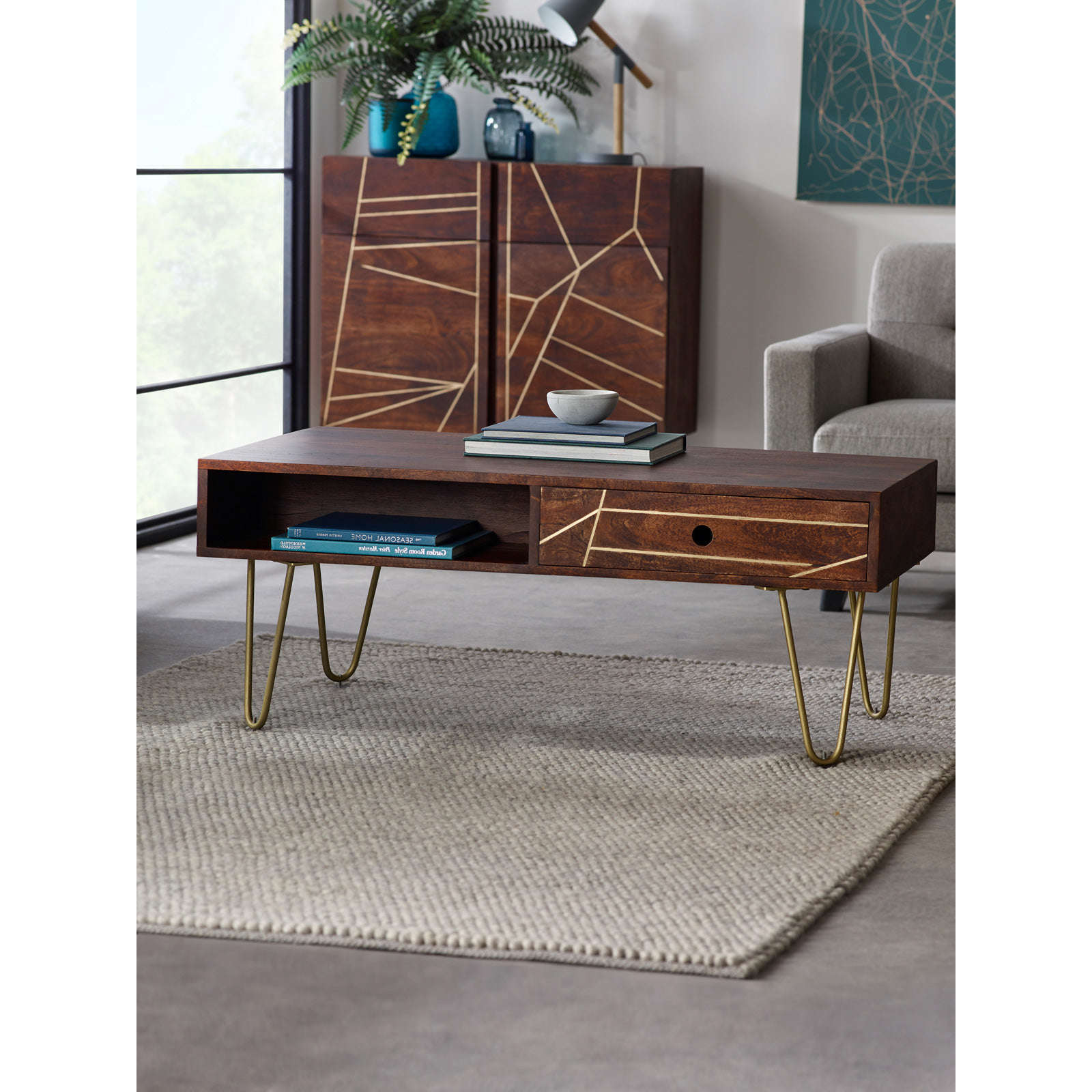 Ashpinoke:Dark Gold Rectangular Coffee Table With Drawer,Coffee Tables,Indian Hub