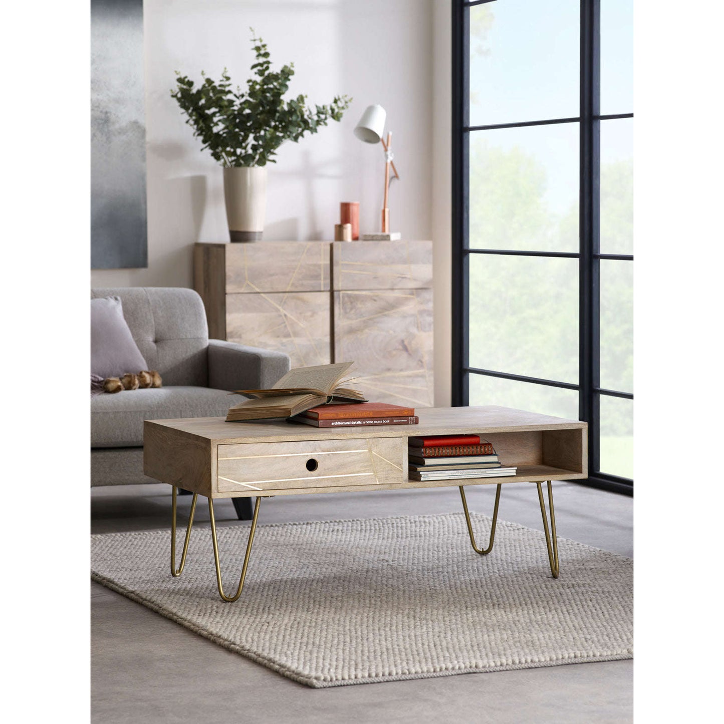 Ashpinoke:Light Gold Rectangular Coffee Table With Drawer,Coffee Tables,Indian Hub